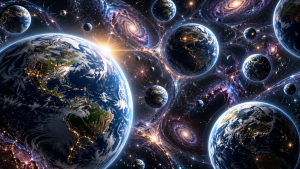 Multiverse illustration showing multiple parallel Earths surrounded by distant galaxies.